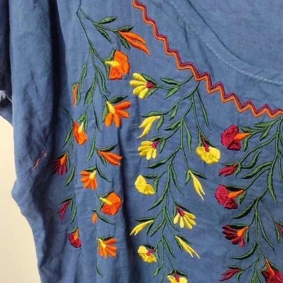 Anandas Boho Embroidered Tunic Top Navy Blue Fringe Hem Festival Style - Picture 4 of 7